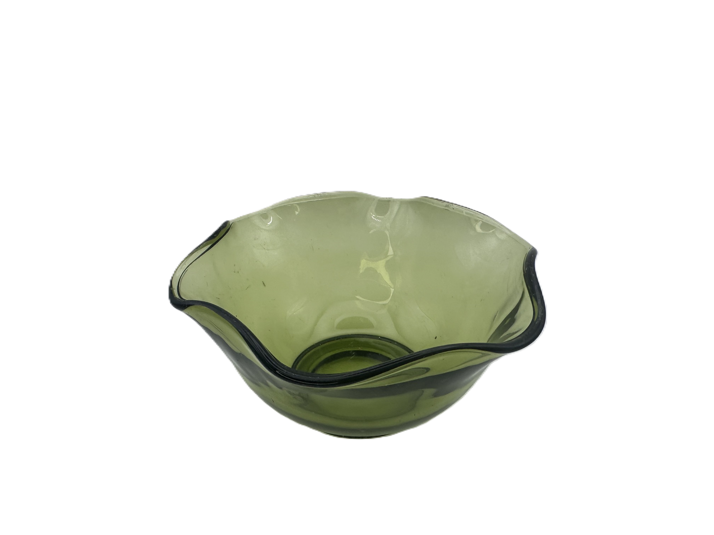 Vintage Avocado Green Glass Bowl with Wavy Edge
