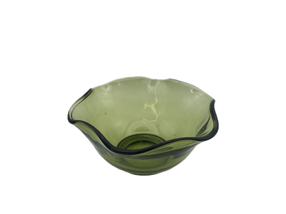 Vintage Avocado Green Glass Bowl with Wavy Edge