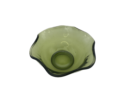 Vintage Avocado Green Glass Bowl with Wavy Edge