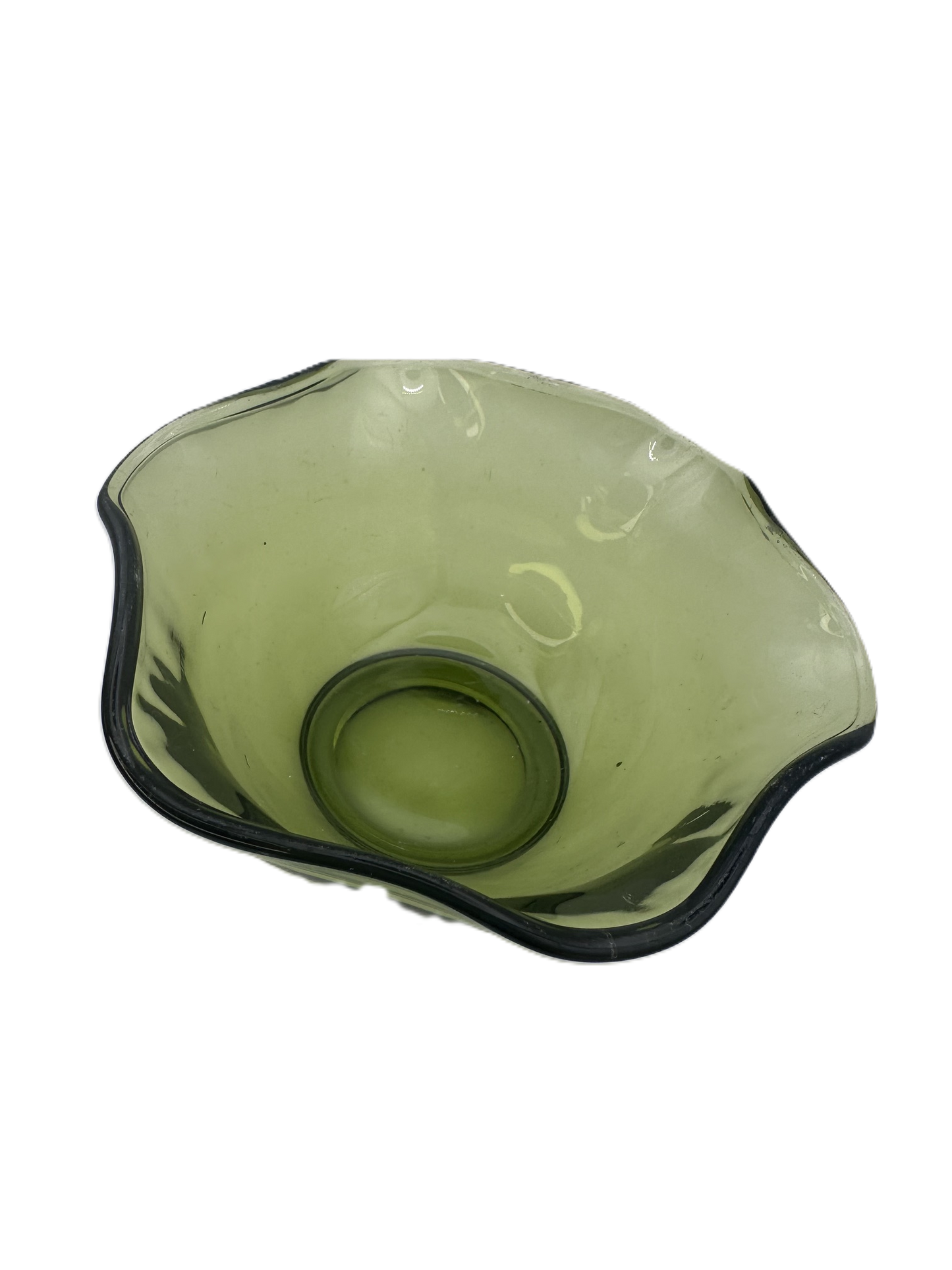 Vintage Avocado Green Glass Bowl with Wavy Edge