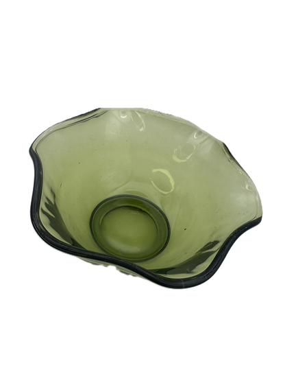 Vintage Avocado Green Glass Bowl with Wavy Edge