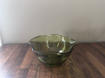 Vintage Avocado Green Glass Bowl with Wavy Edge