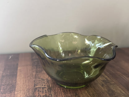 Vintage Avocado Green Glass Bowl with Wavy Edge