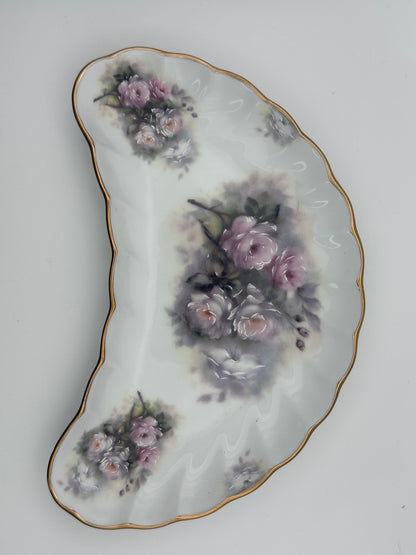 Vintage Crescent Shaped Floral Bone Dish