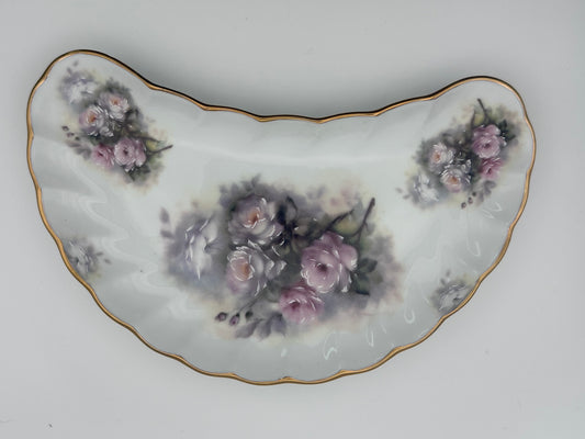 Vintage crescent-shaped bone dish featuring delicate hand-painted floral details