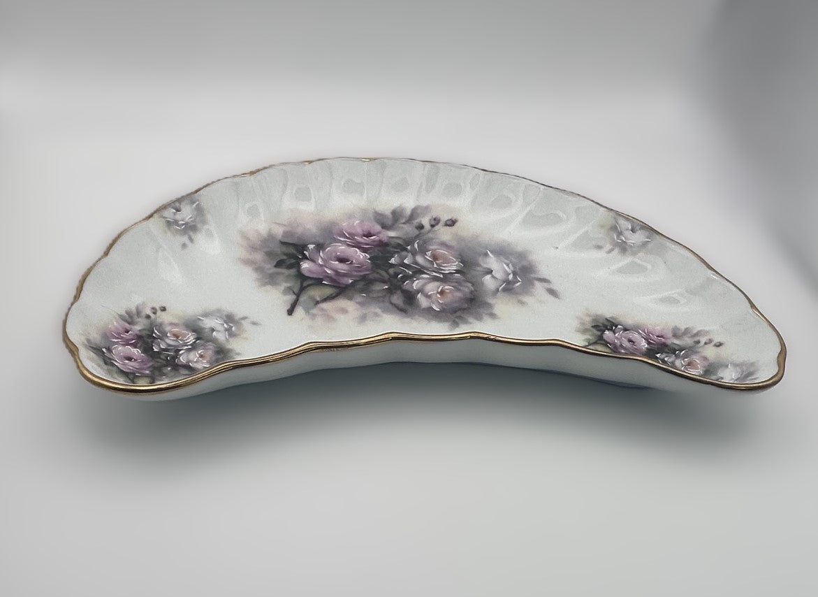 Vintage Crescent Shaped Floral Bone Dish
