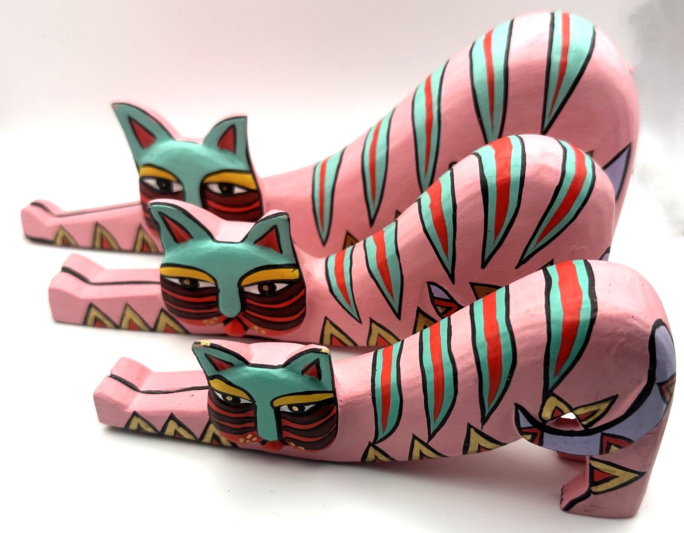 1980s/1990s Laurel Burch Inspired Wooden Cats, Set of 3
