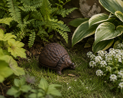 Decorative cast iron hedgehog key keeper hidden among ornamental grasses and garden plants as an outdoor accent.