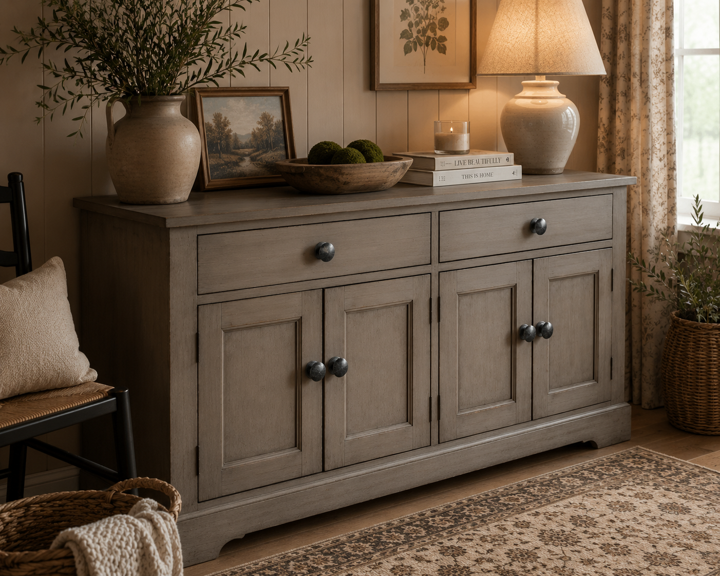 Decorative gray cabinet knobs displayed on a farmhouse sideboard with neutral home décor.