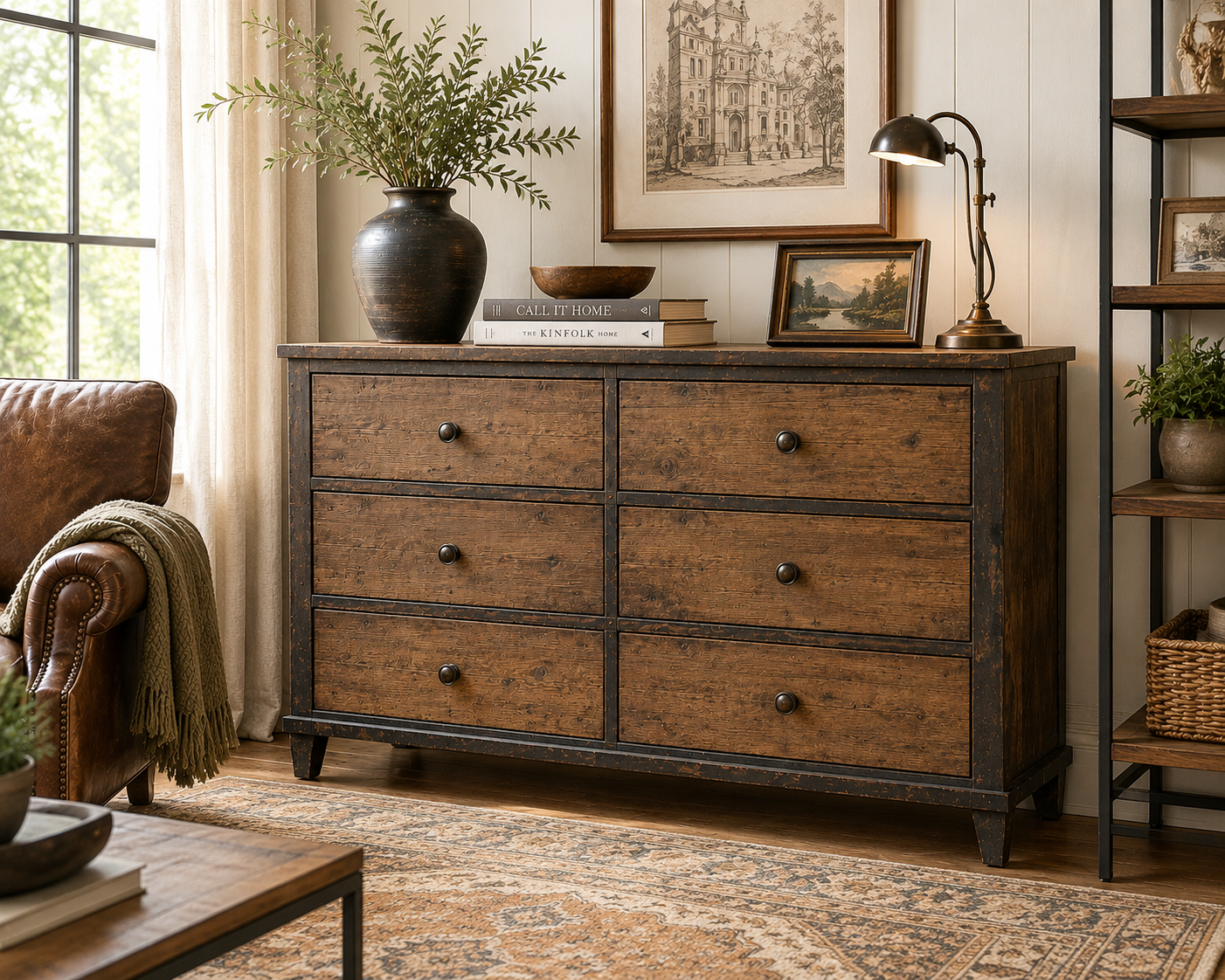 Wooden dresser in a room with decor elements like a lamp, books, and plants.