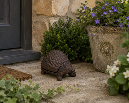 Hedgehog-shaped cast iron key keeper nestled among flowers and greenery in a landscaped garden bed.