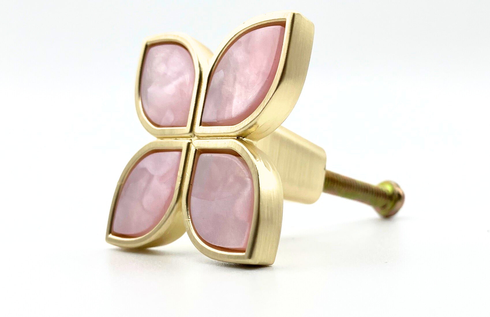 4 petal gold brass knob with pink petals inset into each section