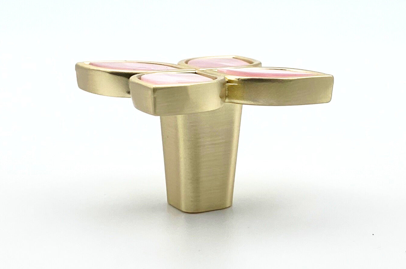 4 petal gold brass knob with pink petals inset into each section