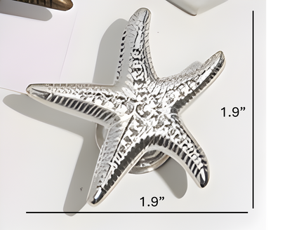 Silver starfish knob with measurements on a white background