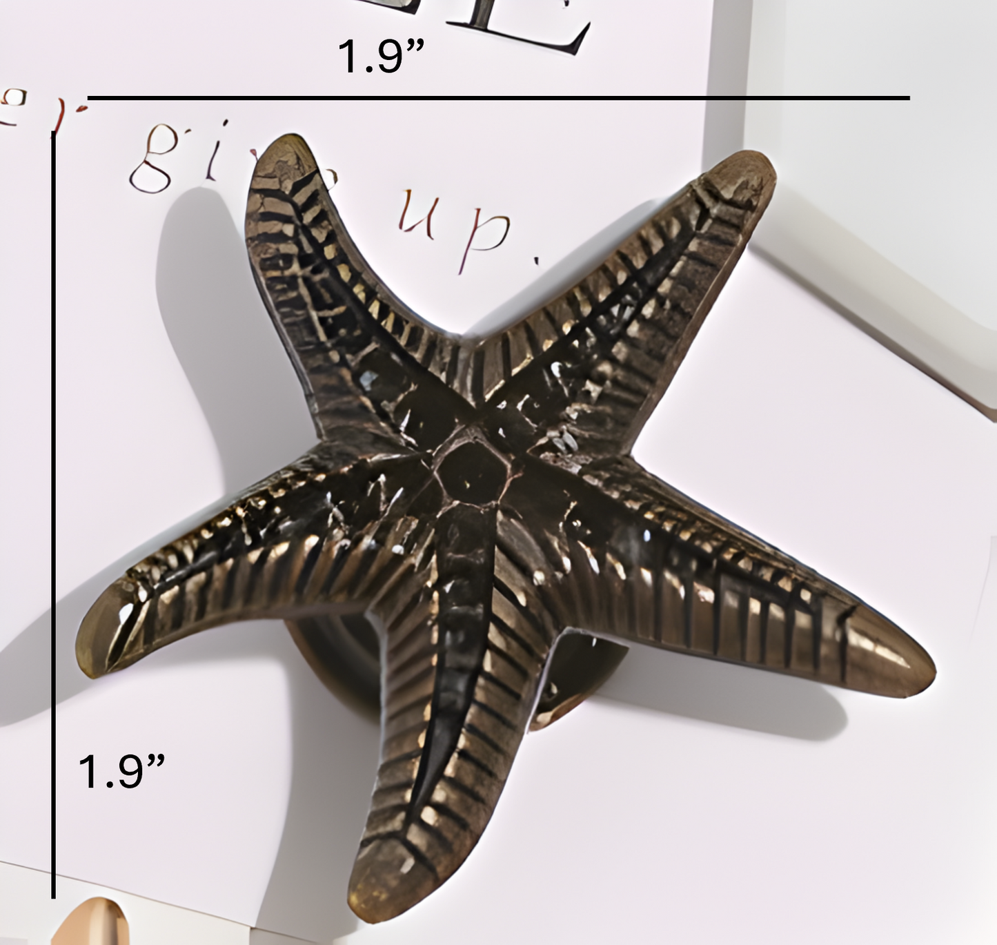 Bronze starfish-shaped knob with measurements on a white background
