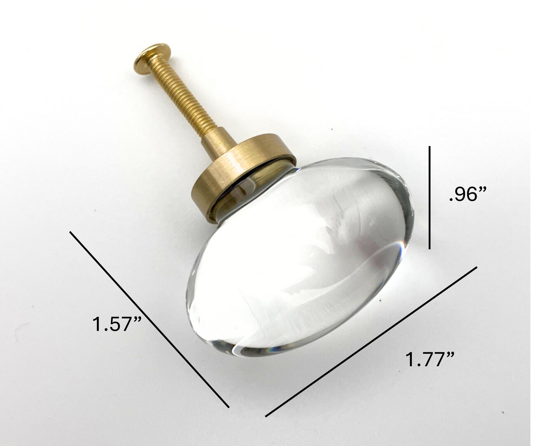 Clear glass knob with brass base and dimensions on a white background