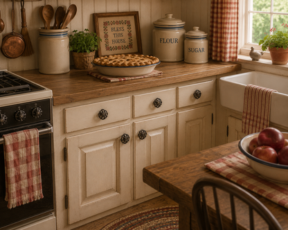 Rustic country kitchen featuring pie-inspired cabinet knobs on cream cabinetry with farmhouse décor.