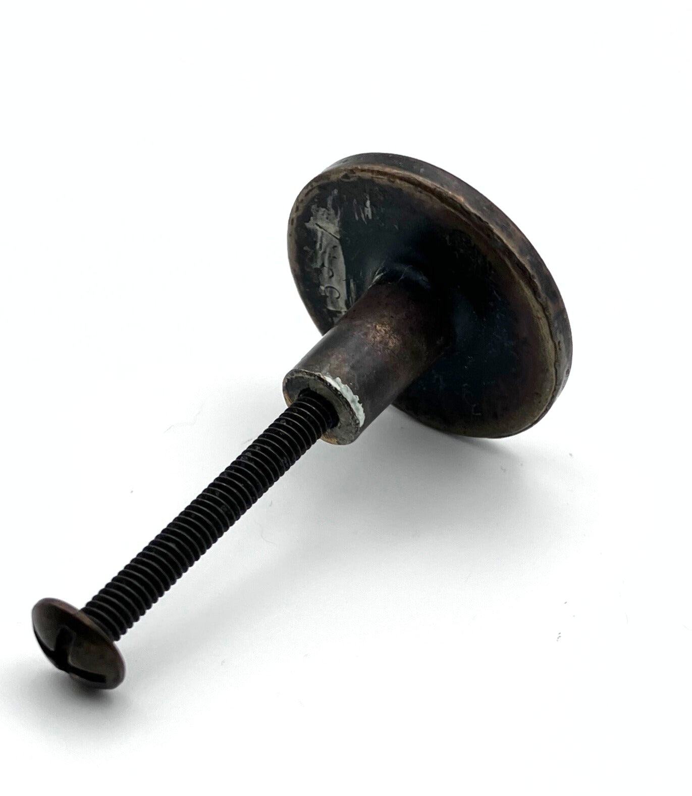 Round Metal knob with a threaded shaft on a white background
