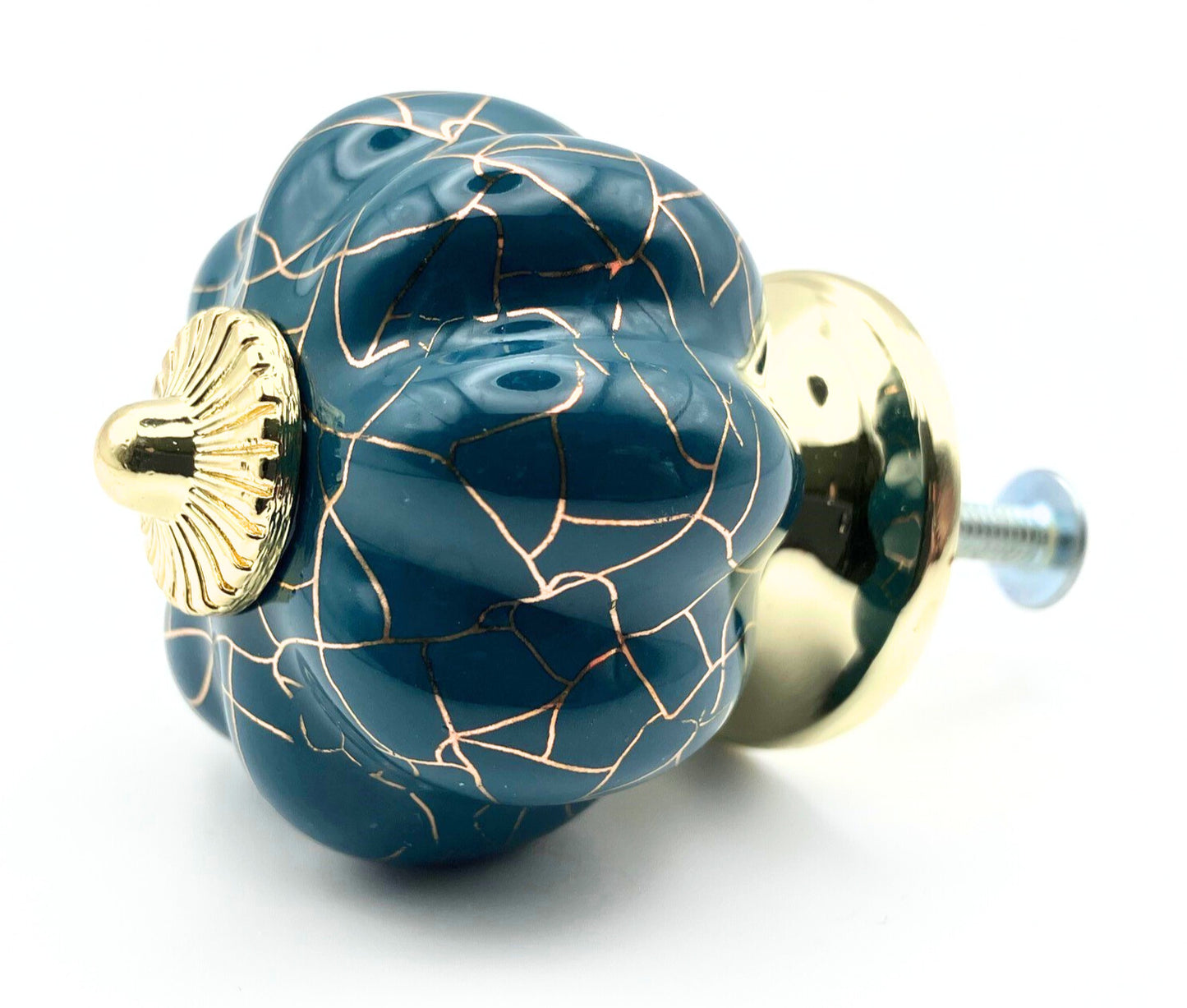 blue pumpkin shaped knob with rose gold crackle design and gold metal hardware