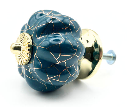 blue pumpkin shaped knob with rose gold crackle design and gold metal hardware