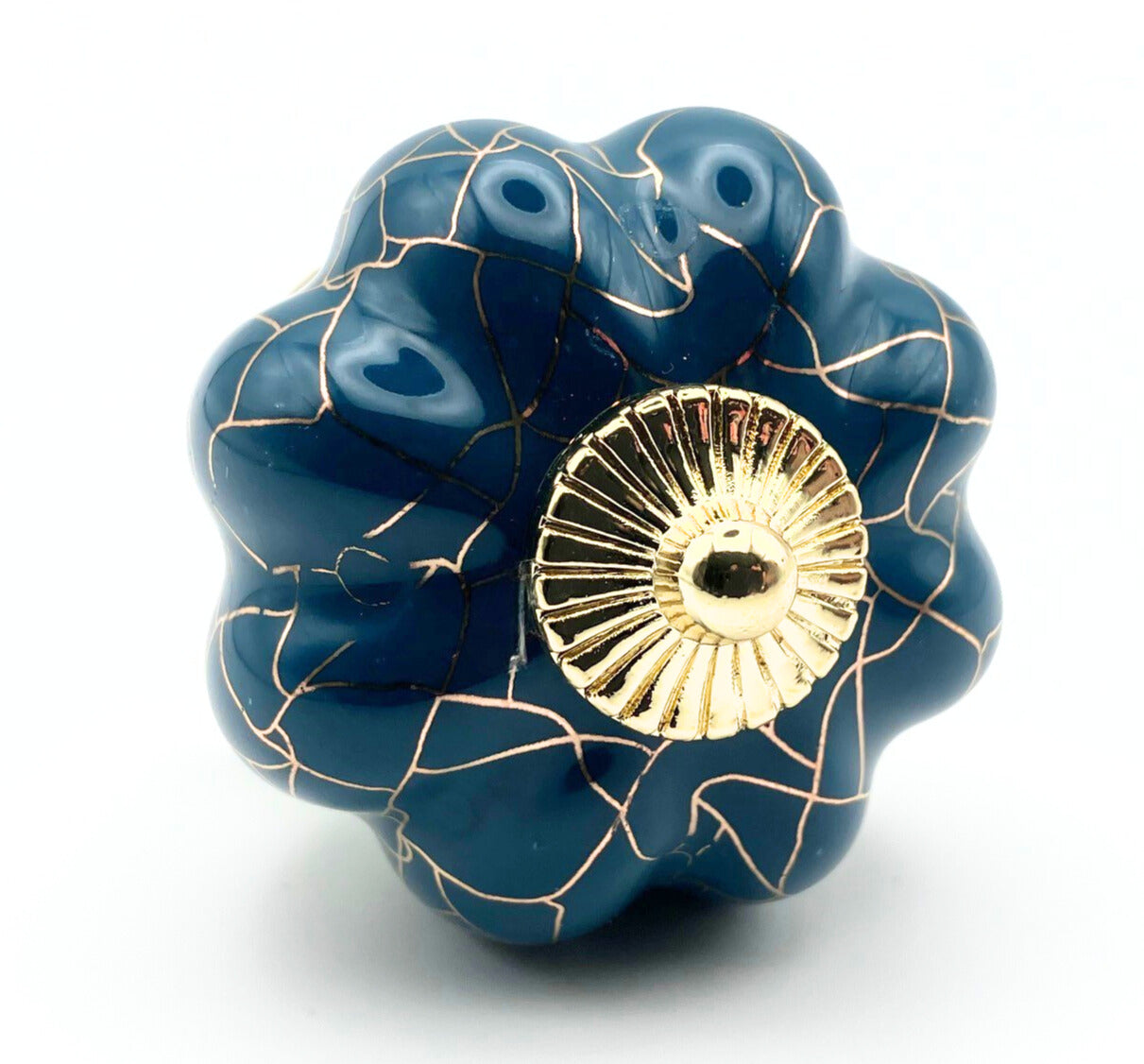 blue pumpkin shaped knob with rose gold crackle design and gold metal hardware