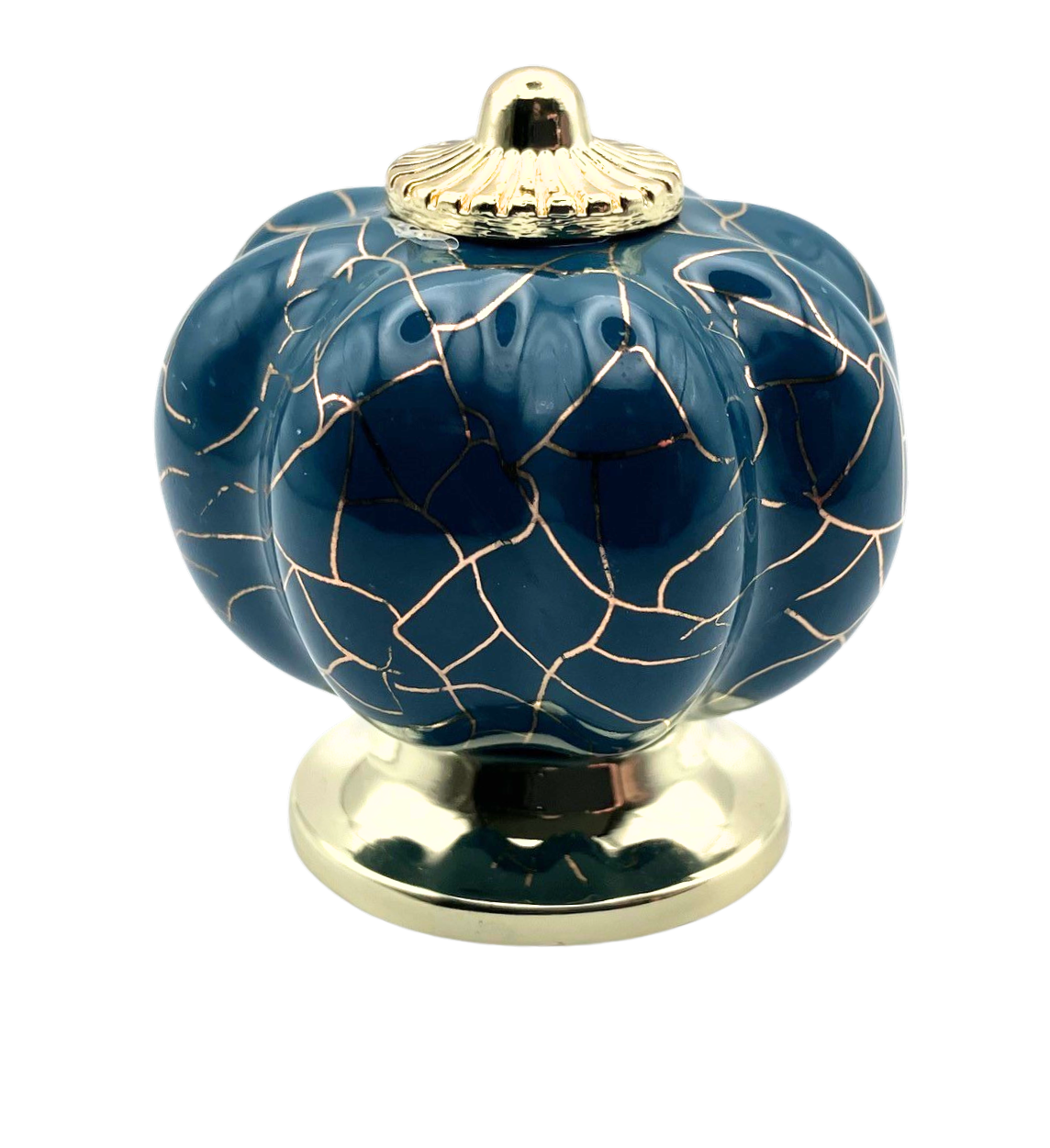 blue pumpkin shaped knob with rose gold crackle design and gold metal hardware