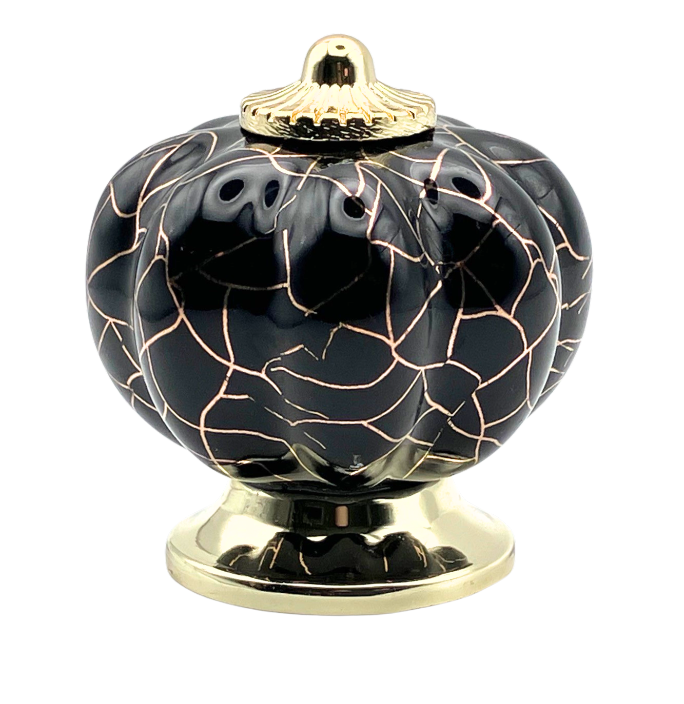 black pumpkin shaped knob with rose gold crackle design and gold metal hardware
