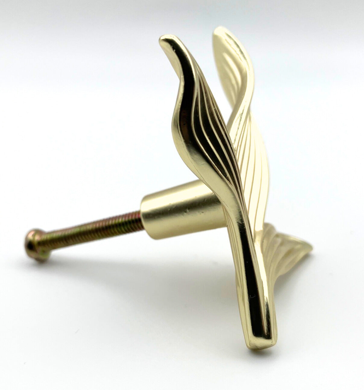 Gold decorative knob with a leaf design on a white background