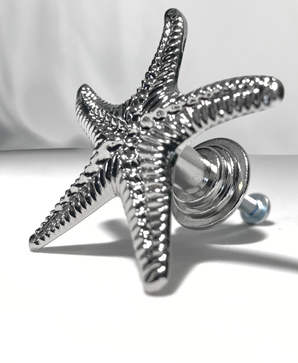 Silver starfish with hardware on white background
