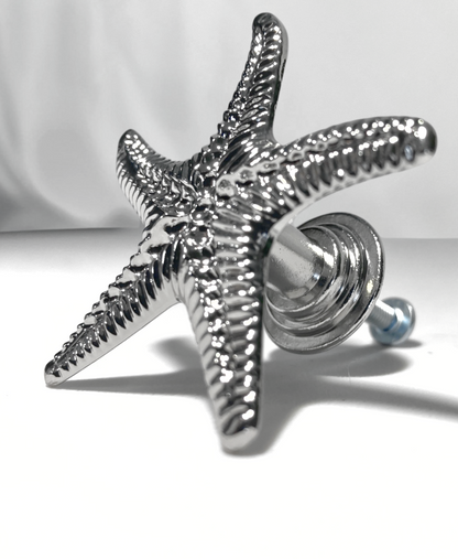 Silver starfish with hardware on white background