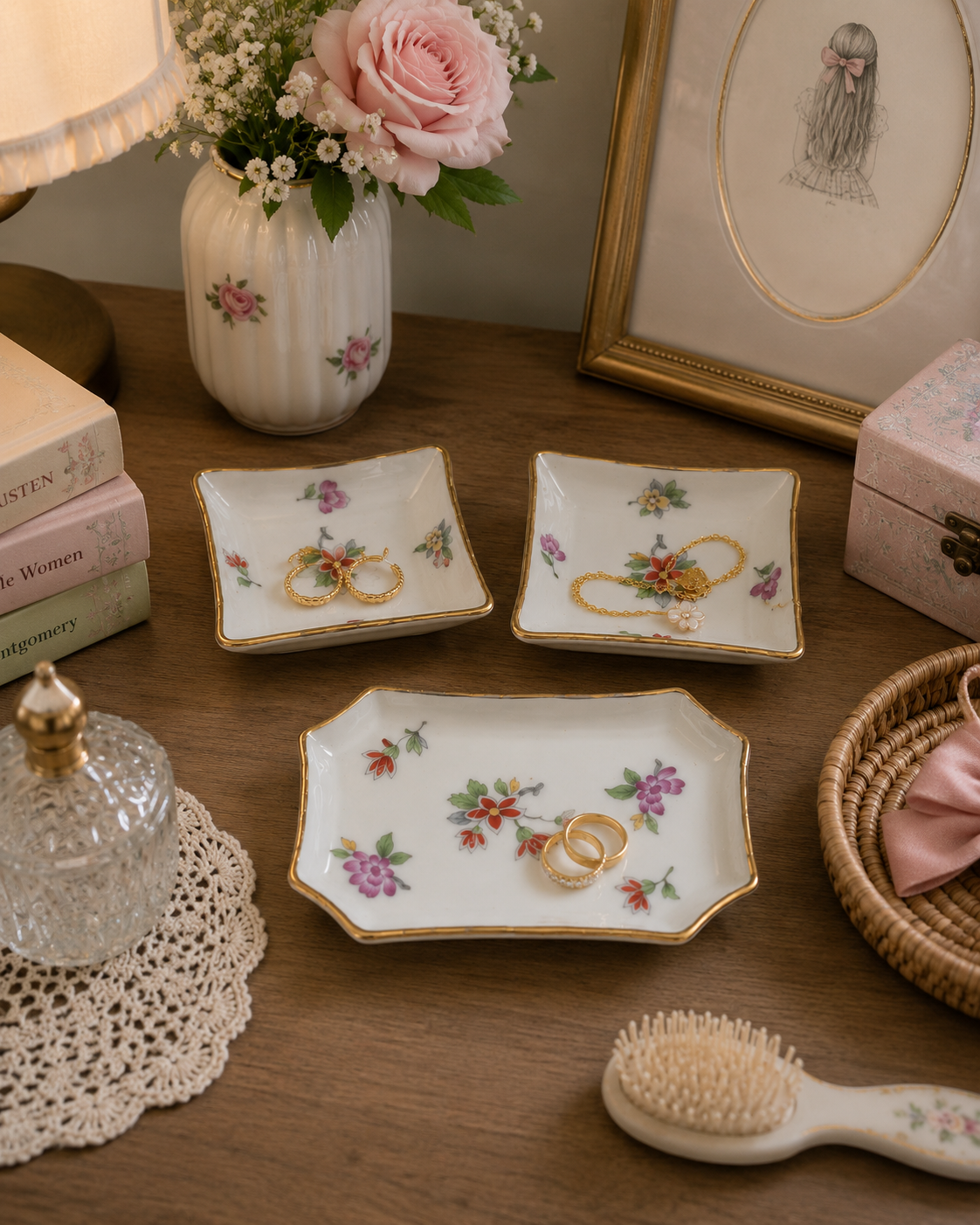 Vintage Limoges porcelain trinket trays displayed on a vanity with perfume bottles, jewelry, and floral accents.