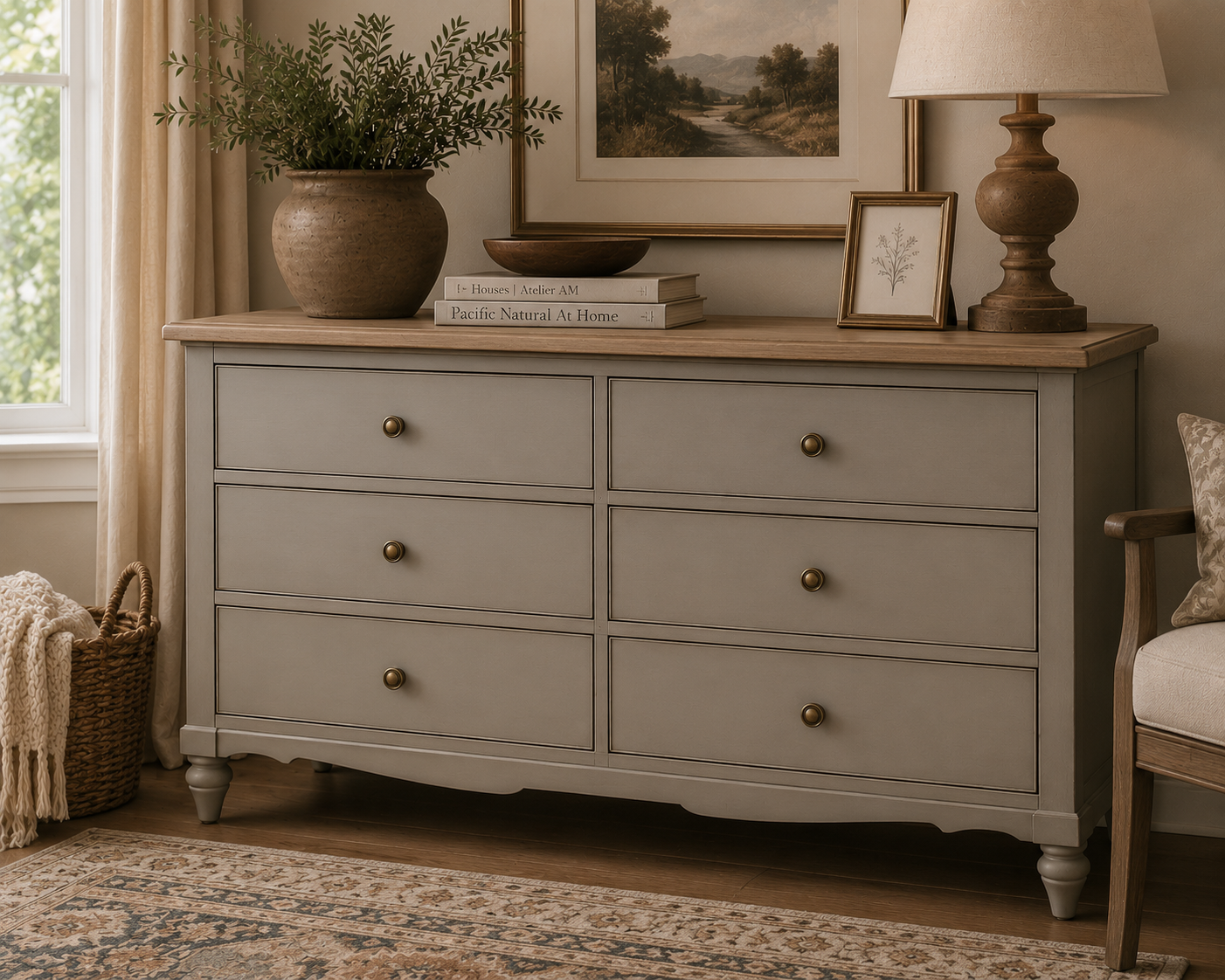 Vintage bronze cabinet knobs featured on a painted dresser in a neutral farmhouse room.