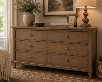 Antique bronze ring cabinet knobs installed on a rustic wooden dresser in a cozy farmhouse interior.