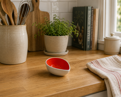 Modern orange and white ceramic teardrop bowl styled on a bright kitchen island with contemporary decor.
