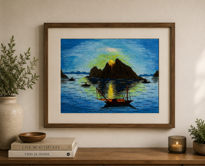 Vintage thread art landscape framed and showcased above a console table in a traditional home interior.