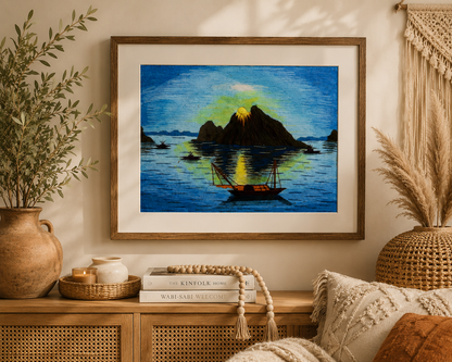 Vintage silk thread landscape artwork displayed in a boho-inspired room with natural textures and plants.
