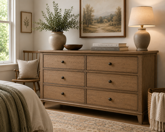 Wooden dresser with decorative items in a bedroom setting