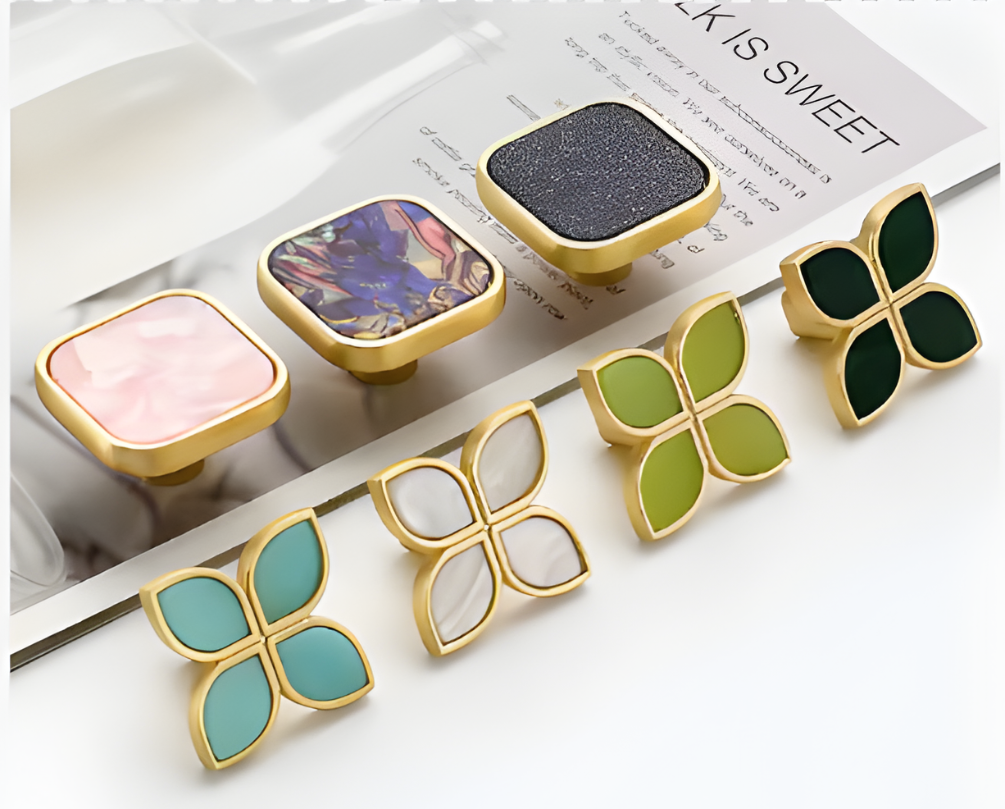 Set of colorful decorative knobs on a magazine page