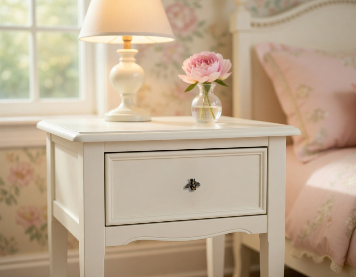 White nightstand with lamp and vase of flowers next to a bed with pink bedding.