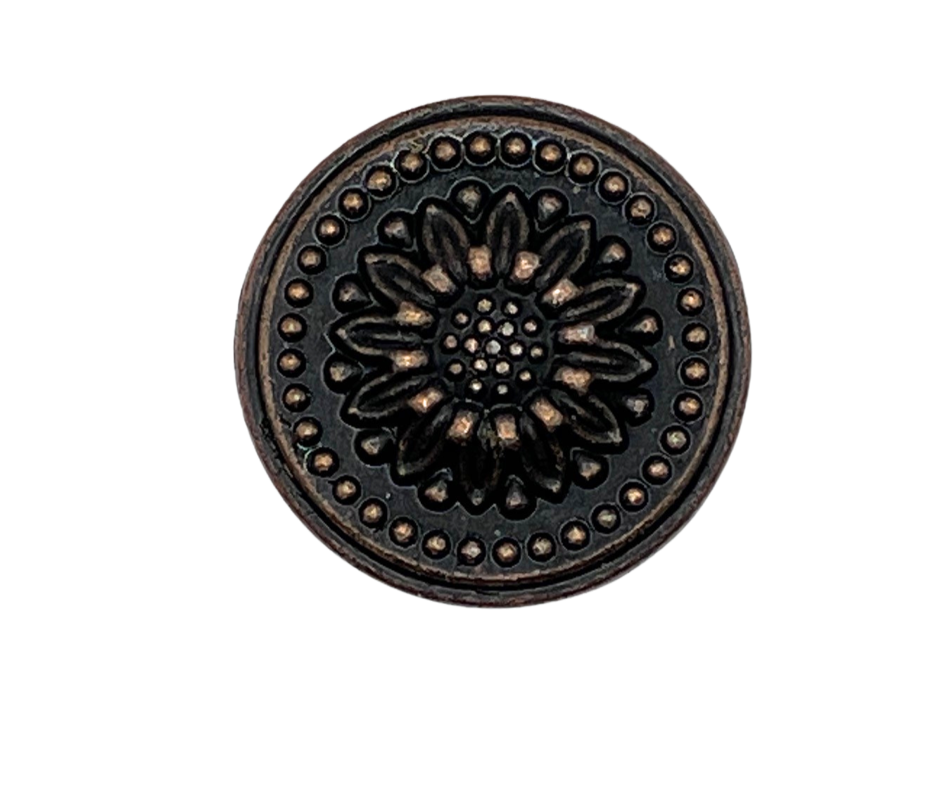 Decorative metal knob with floral design on a white background
