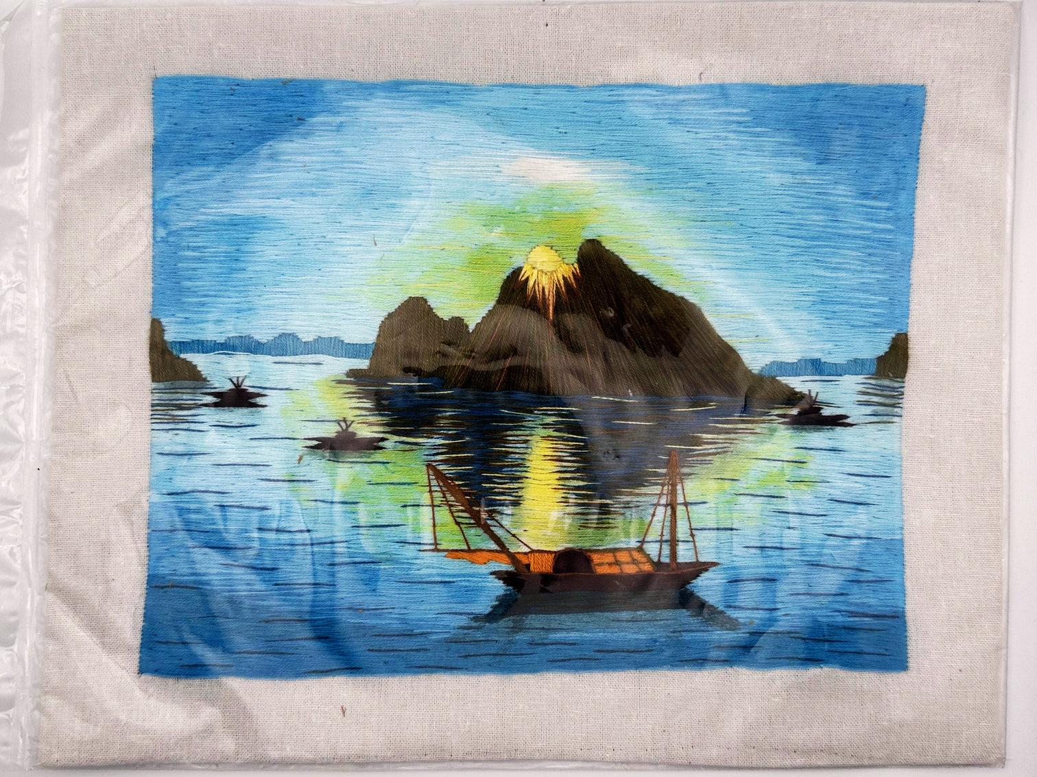 Vintage 1970s Southeast Asian blue silk thread artwork showcasing detailed artisan craftsmanship, unframed