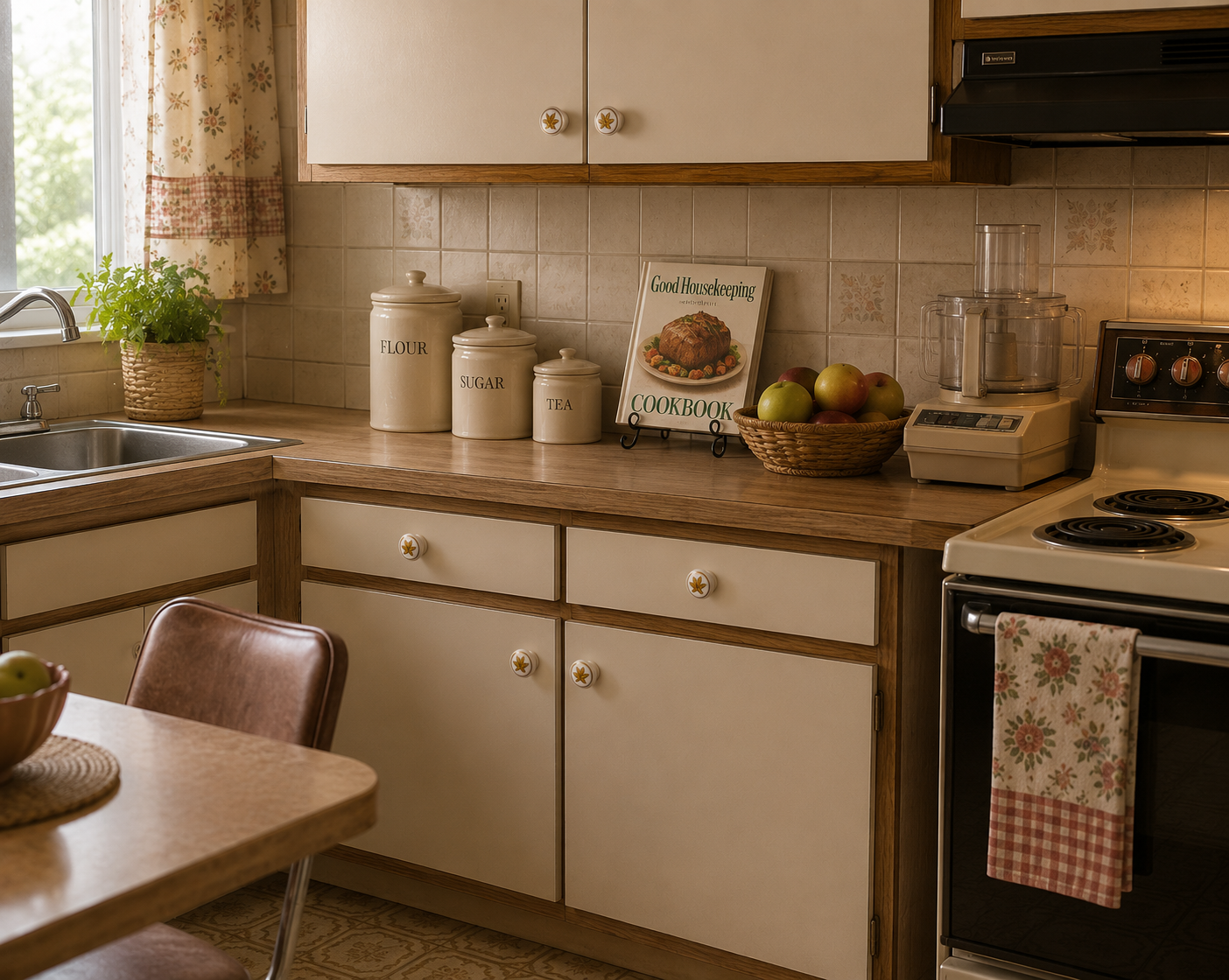 Cream kitchen cabinets featuring vintage 1980s cabinet knobs in a nostalgic country kitchen.