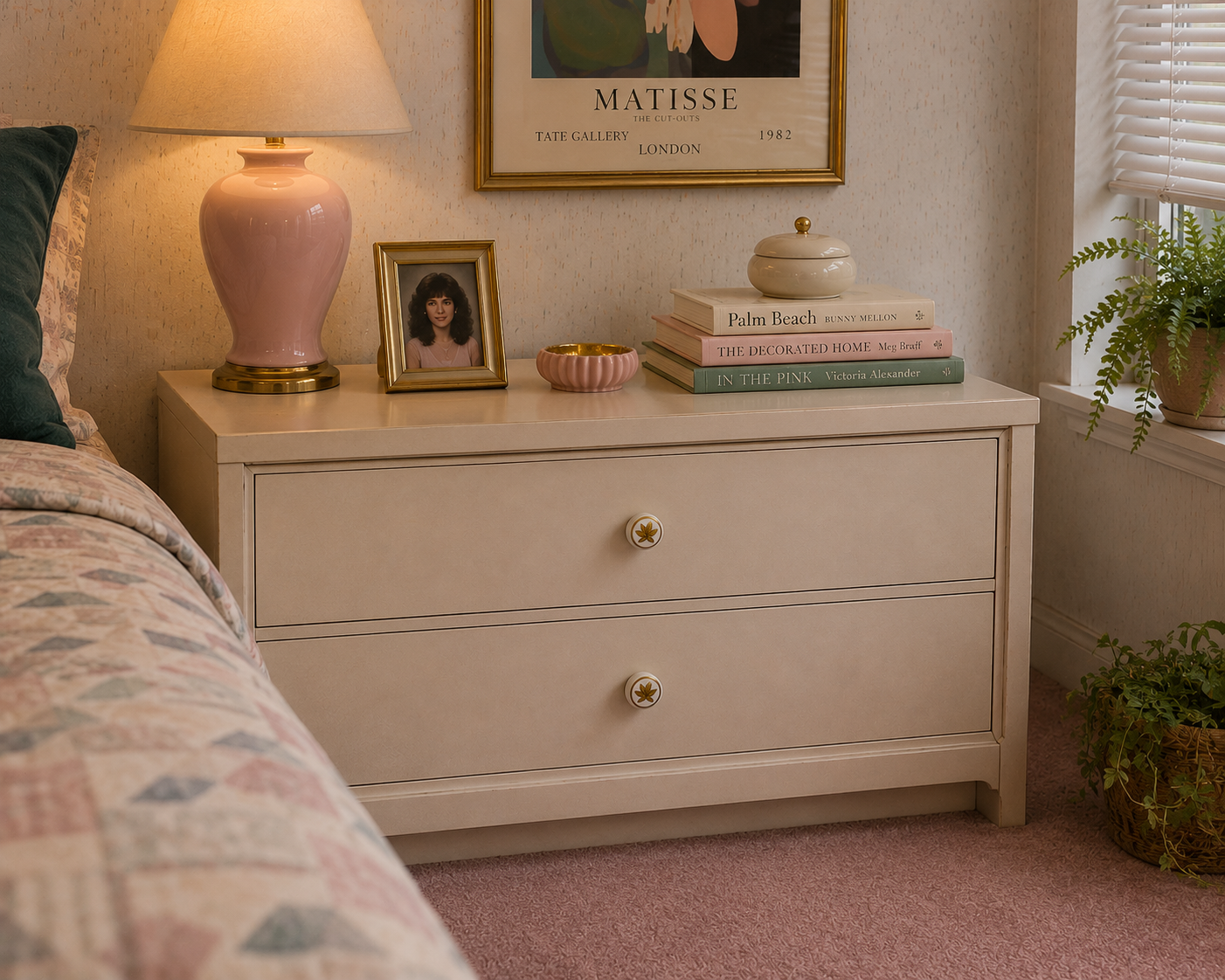 Vintage 1980s cabinet knobs installed on a cream nightstand in a retro-inspired bedroom.