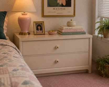 Vintage 1980s cabinet knobs installed on a cream nightstand in a retro-inspired bedroom.