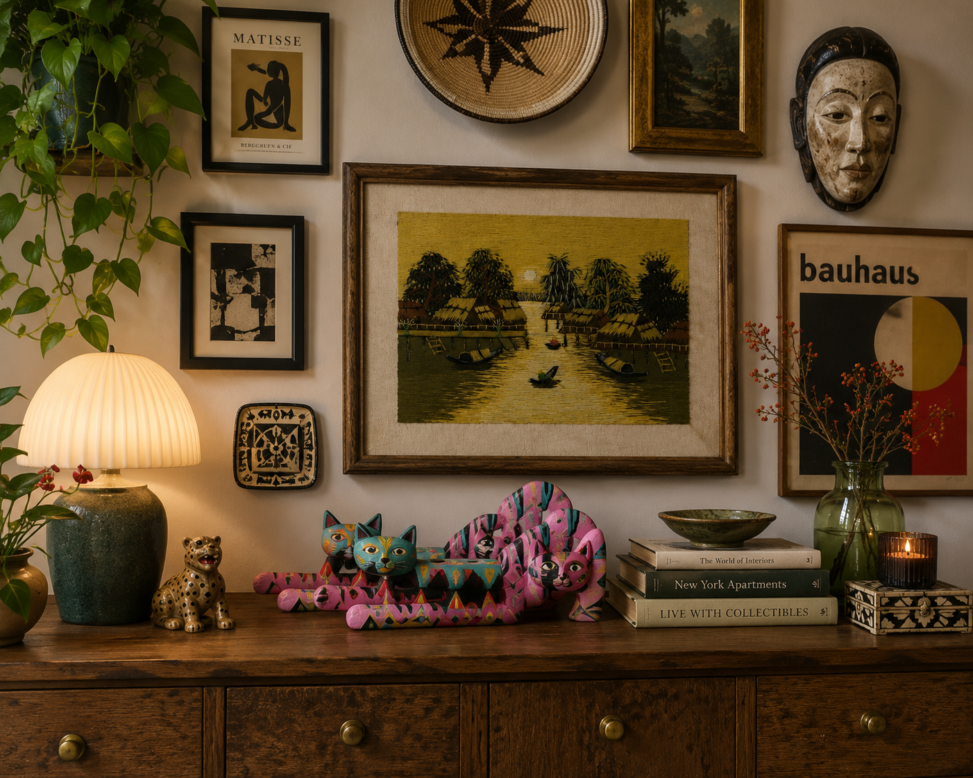 Framed vintage Vietnamese embroidered landscape artwork styled in a bohemian-inspired interior
