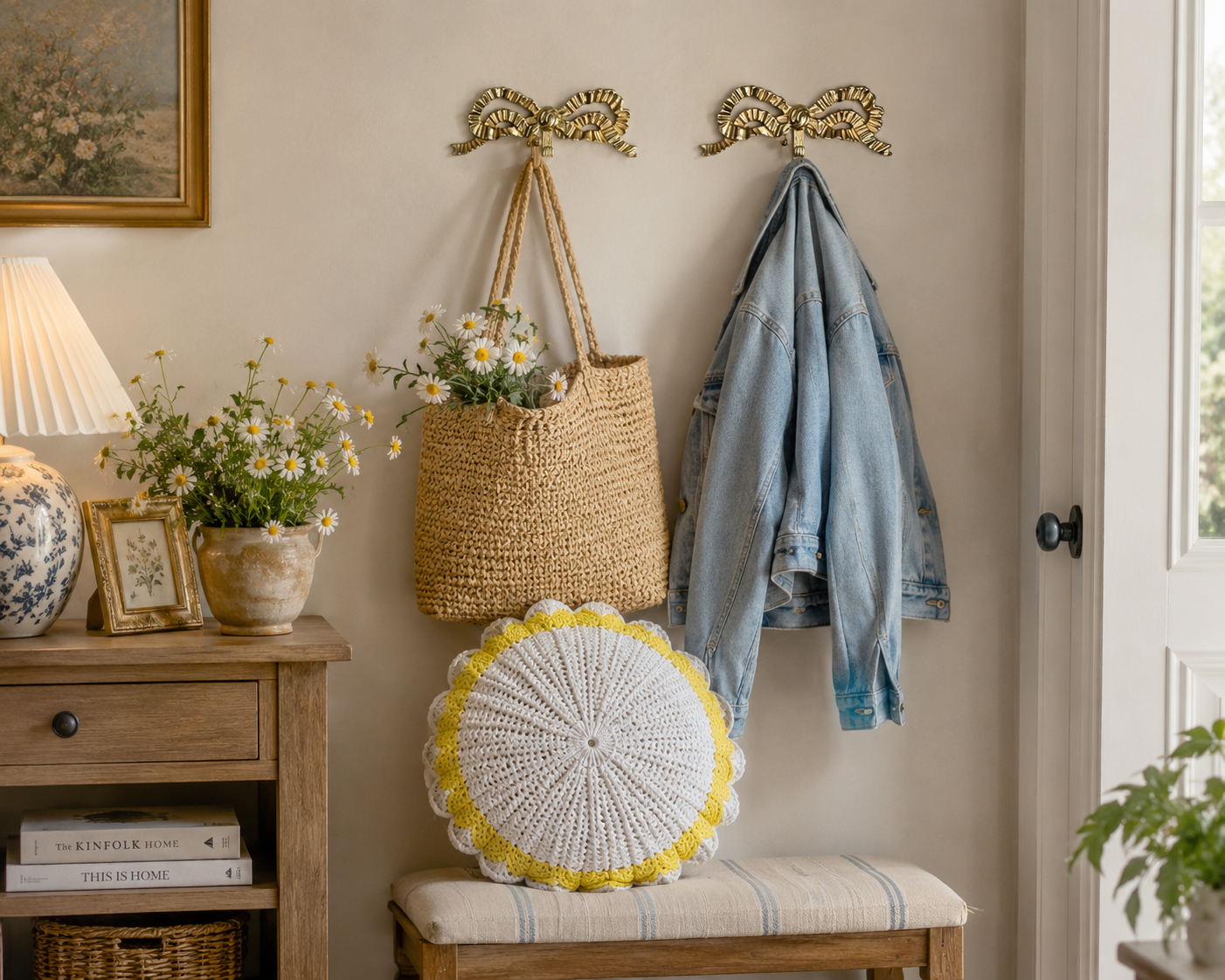 Pair of vintage-style gold bow wall hooks mounted above a bench in a cozy cottage-inspired entryway.