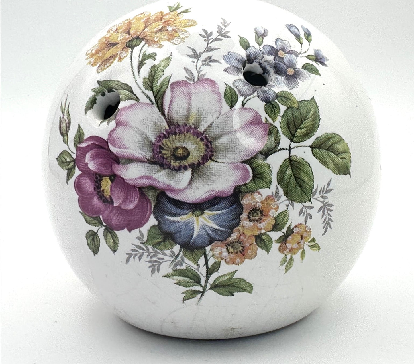 Decorative Sallie Robinson floral pomander ball with hand-painted flowers and vintage collectible appeal