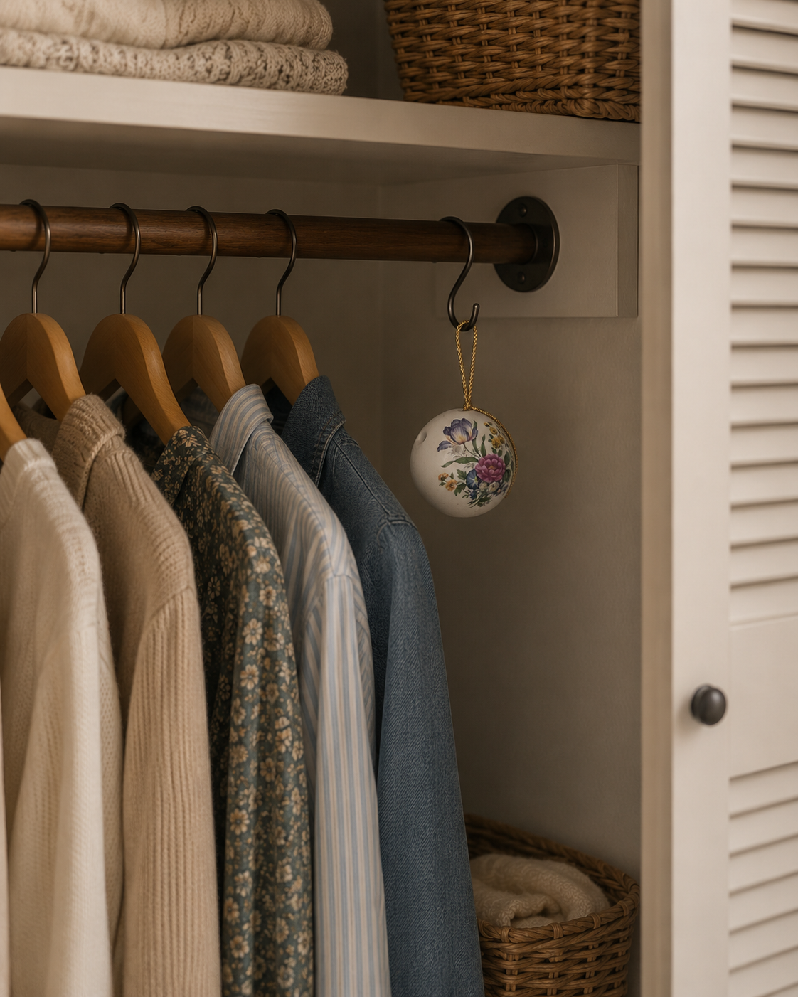 Decorative ceramic floral pomander suspended from a closet rod in an organized wardrobe space.