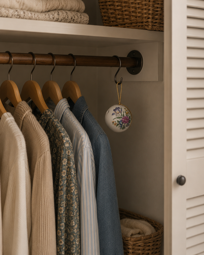 Decorative ceramic floral pomander suspended from a closet rod in an organized wardrobe space.