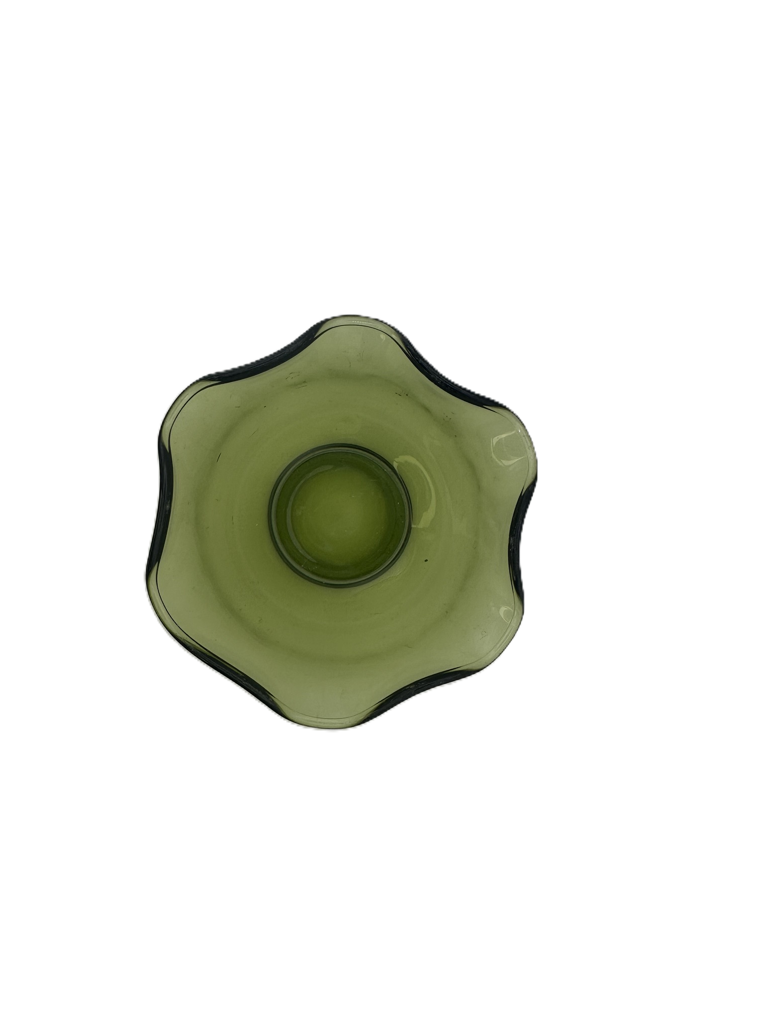 Vintage avocado green pressed glass bowl with flowing wavy rim and collectible charm